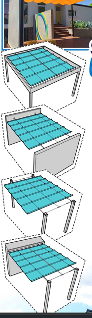 Shaderunner support layout options showing freestanding, wall-to-wall and wall-to-post configurations